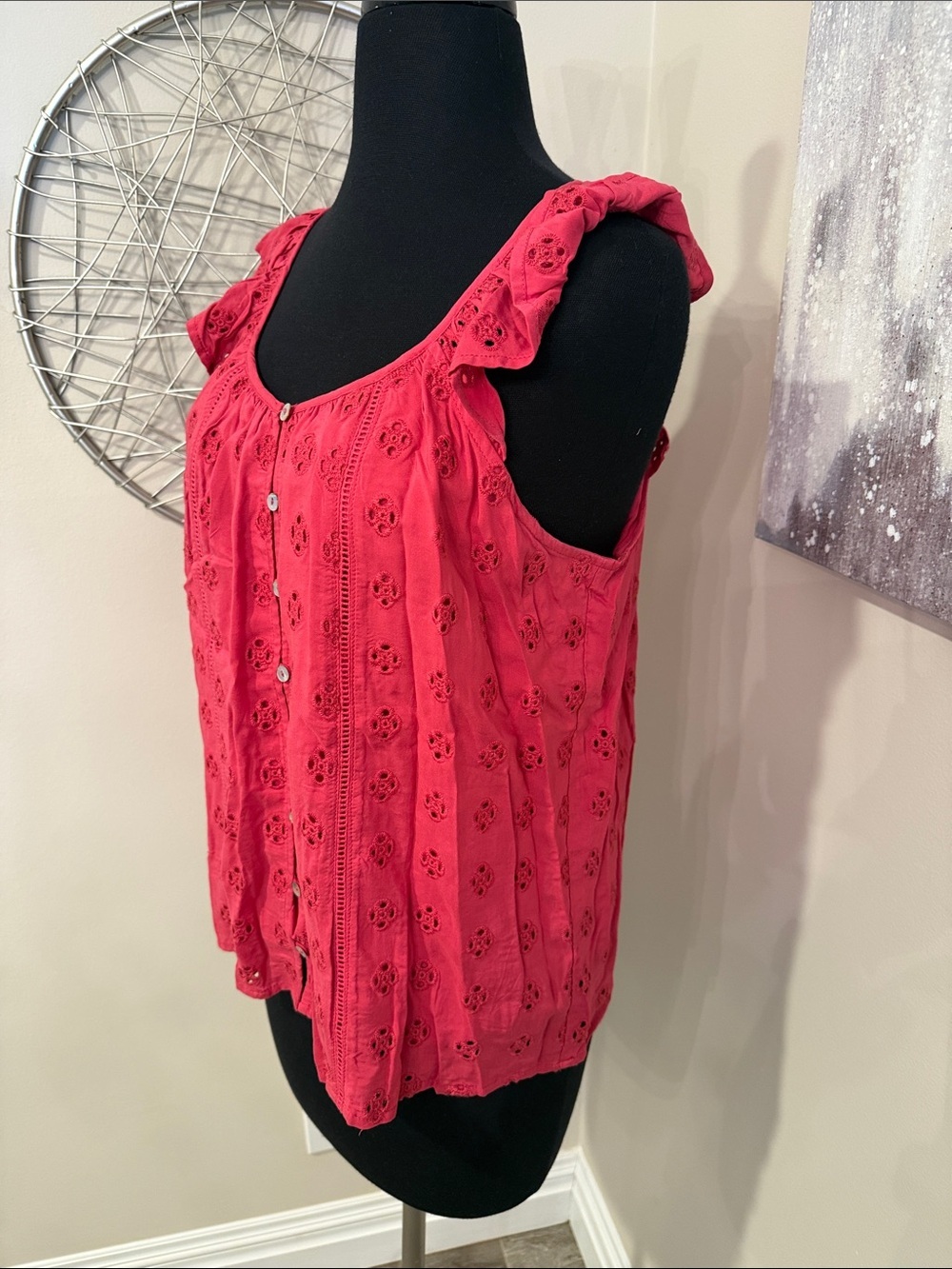 Women’s Pink Eyelet Button-Front Ruffle Sleeve Top - Picture 2 of 5
